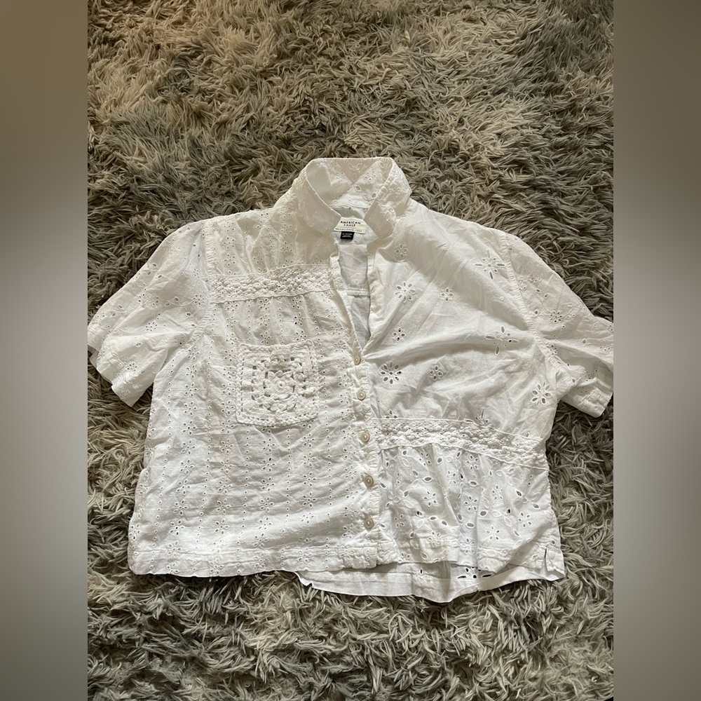 AE Cropped Eyelet Button-Up Shirt embroidered pocket white XL American Eagle - Picture 3 of 7